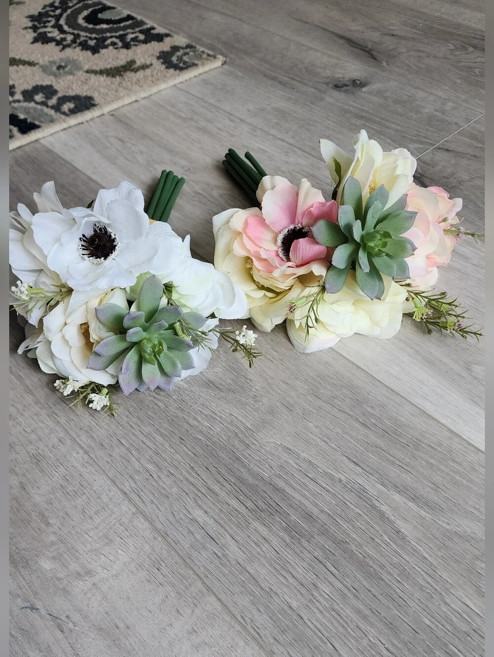 Set of 2 Faux Floral Bouquets with Anemones and Succulents